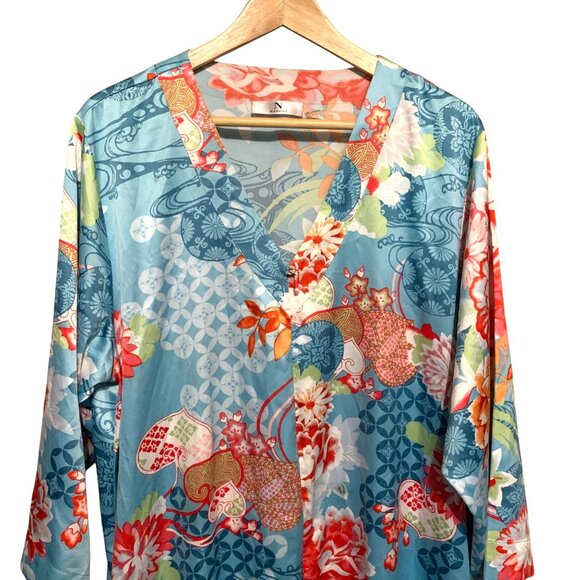 Natori Women's Kaftan Floral Kimono Vibrant Blue Multicolor Sz Large Boho Lounge - Picture 4 of 13